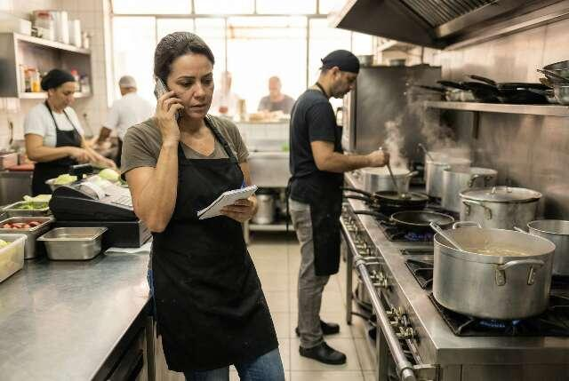 Restaurant worker taking a phone order while holding notes during kitchen service